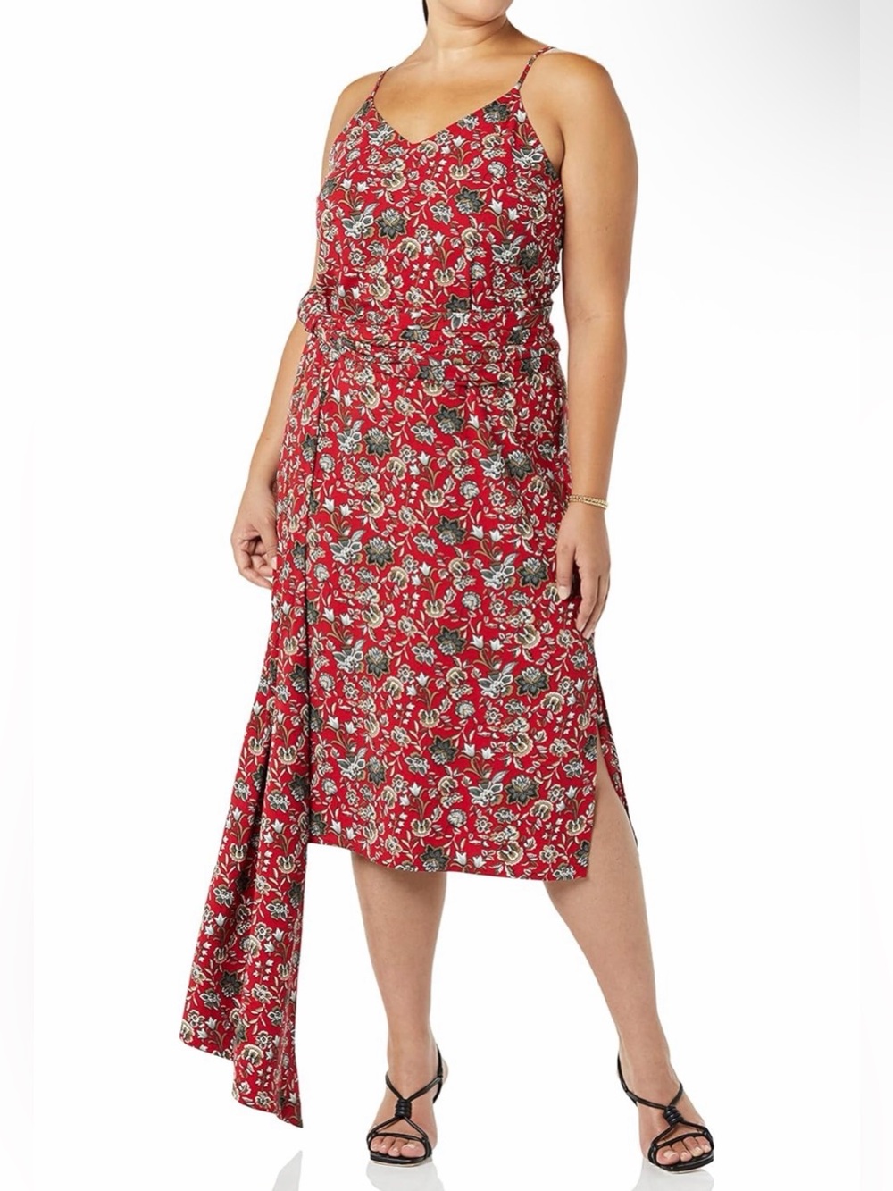 Making The Cut Draped Shoulder Midi Dress Red Floral Spaghetti-Strap Midi Dress